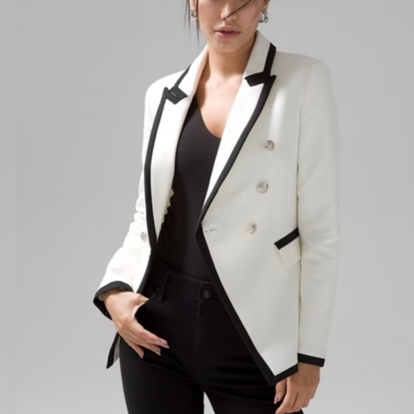 White House Black Market Contrast Studio Blazer Ecru Black Trim NWT Size 2 - Picture 9 of 12